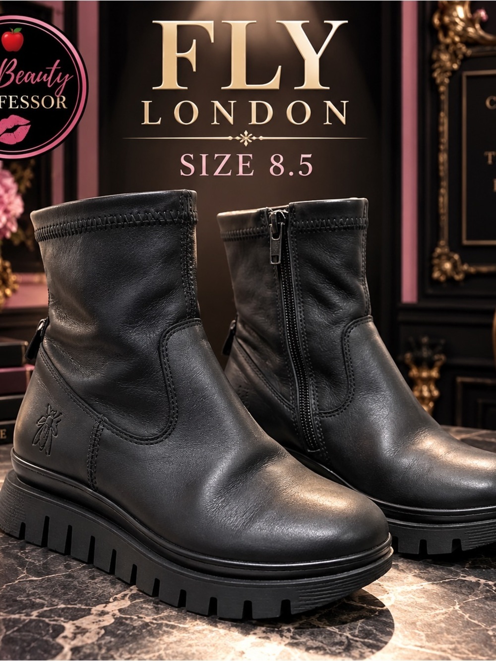 FLY London Size 8.5 Black Chunky Lug Sole Zip Ankle Boots